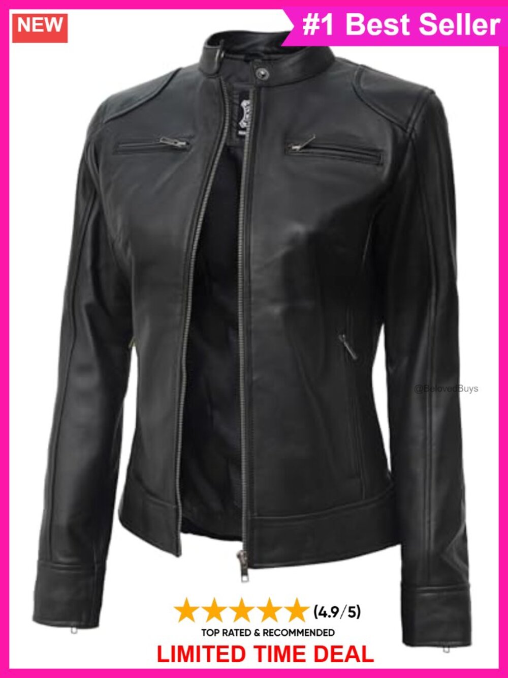 Real Lambskin Leather Cafe Racer Motorcycle Jacket Women Slim Fit